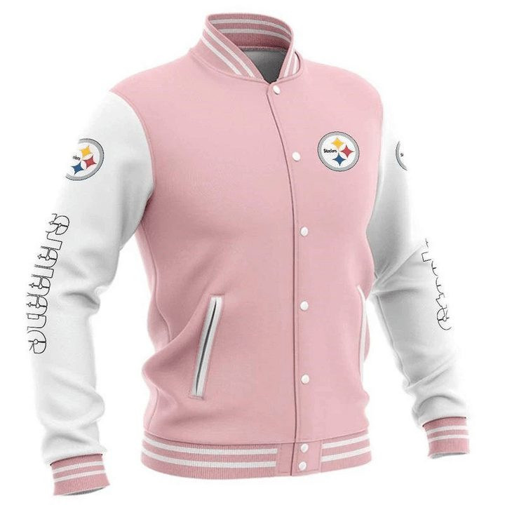 Pittsburgh Steelers Pink White Varsity Baseball Jacket for Men & Women | NFL Team Fan Gift