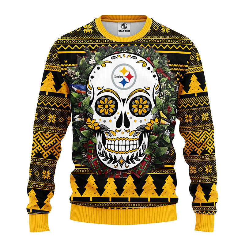 Pittsburgh Steelers Skull Flower Ugly Ugly Christmas Sweater,