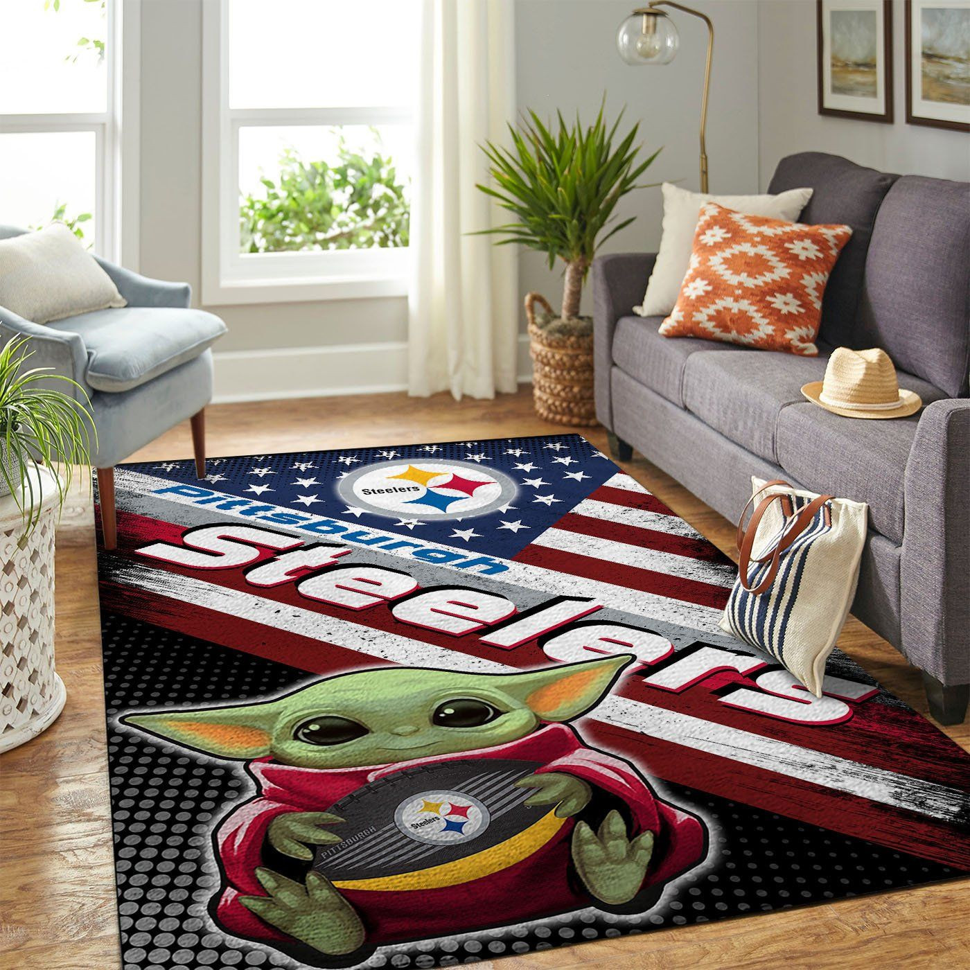 Pittsburgh Steelers Team Logo Baby Yoda Us Rectangle Area Rug – Full Print Carpet For Living Room & Bedroom Home Decor