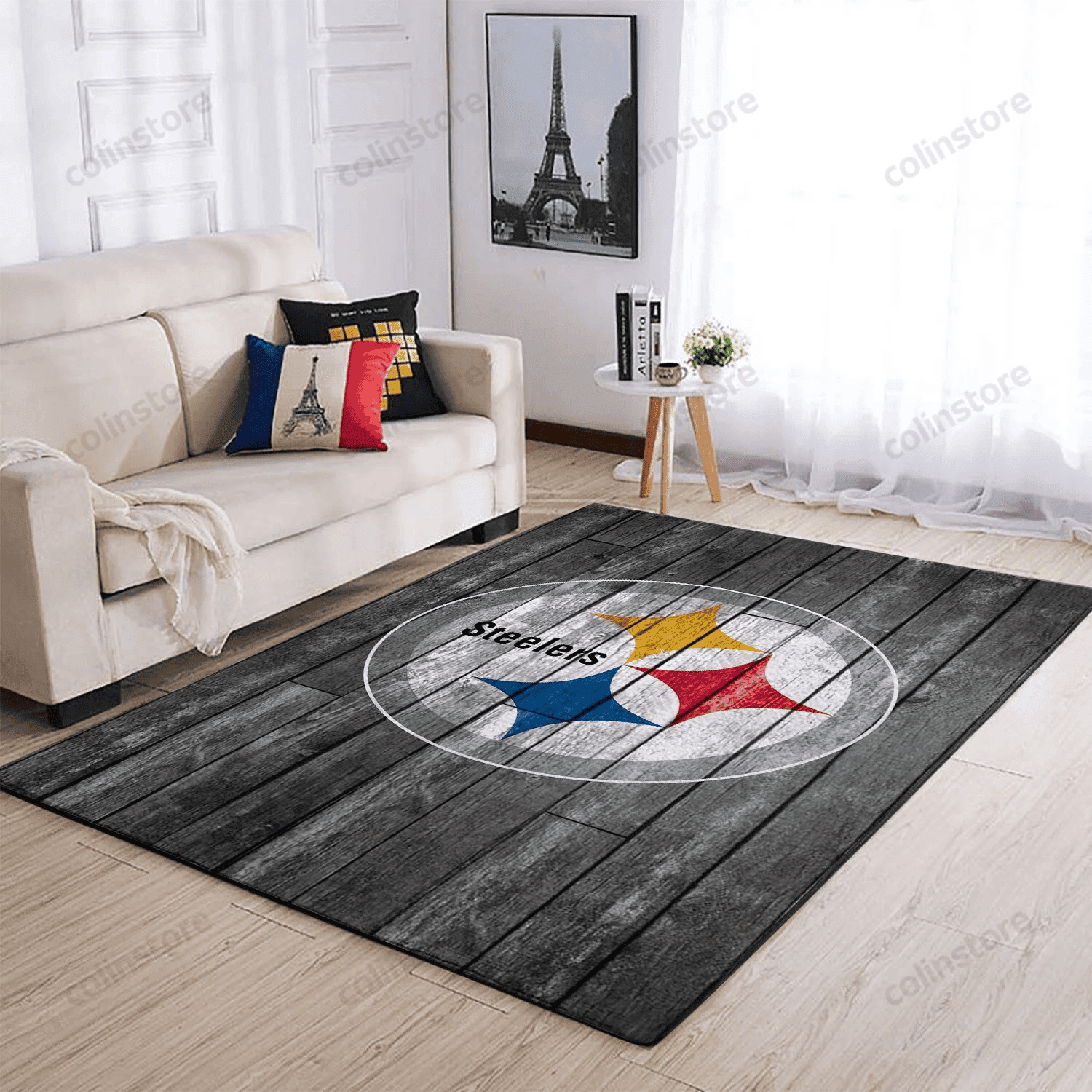 Pittsburgh Steelers Team Logo Grey Wooden Rectangle Area Rug – Full Print Carpet For Living Room & Bedroom Home Decor