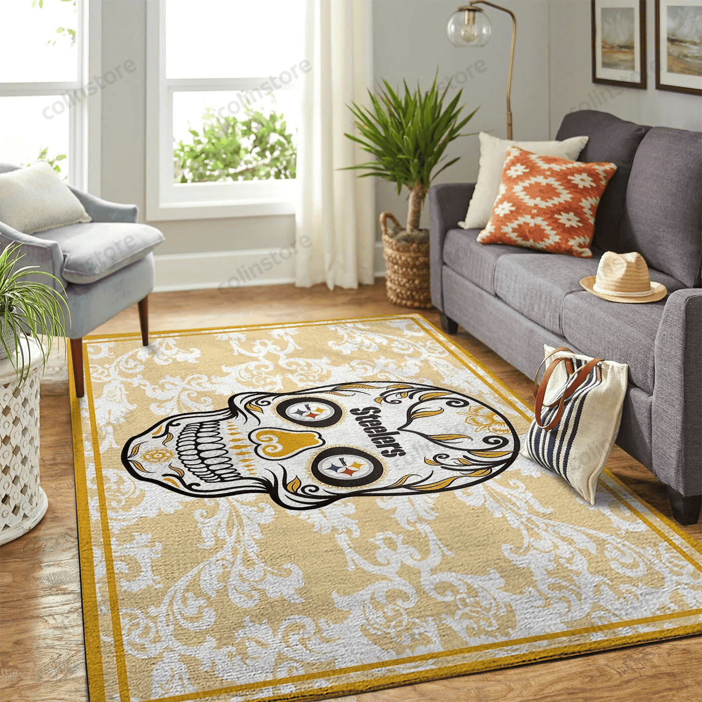 Pittsburgh Steelers Team Logo Skull Flower Rectangle Area Rug – Full Print Carpet For Living Room & Bedroom Home Decor