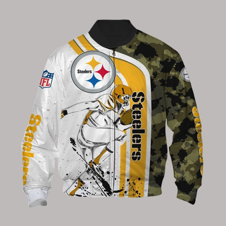 Pittsburgh Steelers White Golden Camo Bomber Jacket | NFL Team Jacket for Men & Women | Football Fan Gift