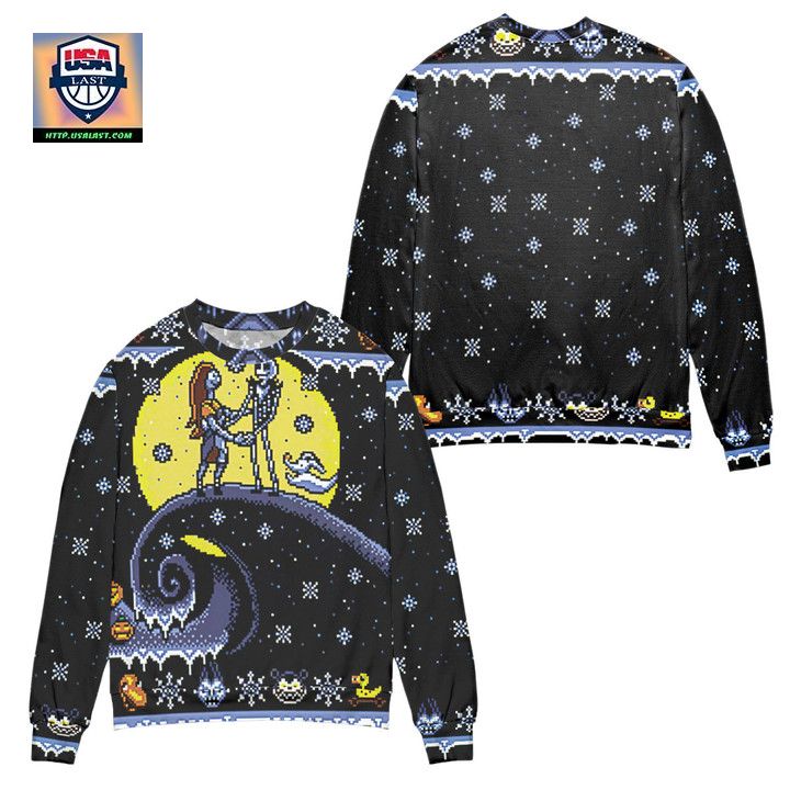 Pixel Jack And Sally Snowy Night Ugly Christmas Sweater Black