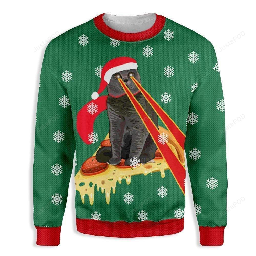 Pizza Cat With Laser Eyes Ugly Christmas Sweater, Perfect Holiday Gift