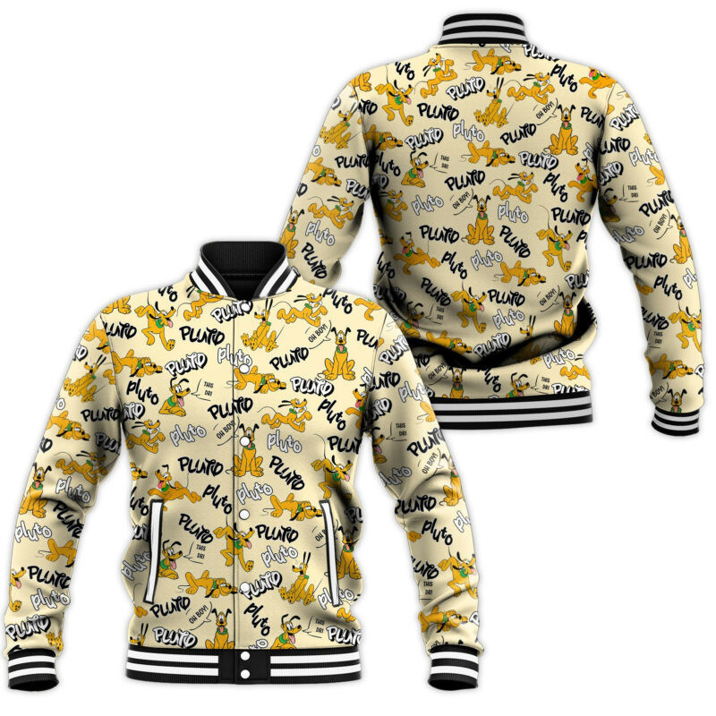 Pluto Pattern Yellow Fashion Baseball Jacket for Men & Women | Cartoon Fan Gift