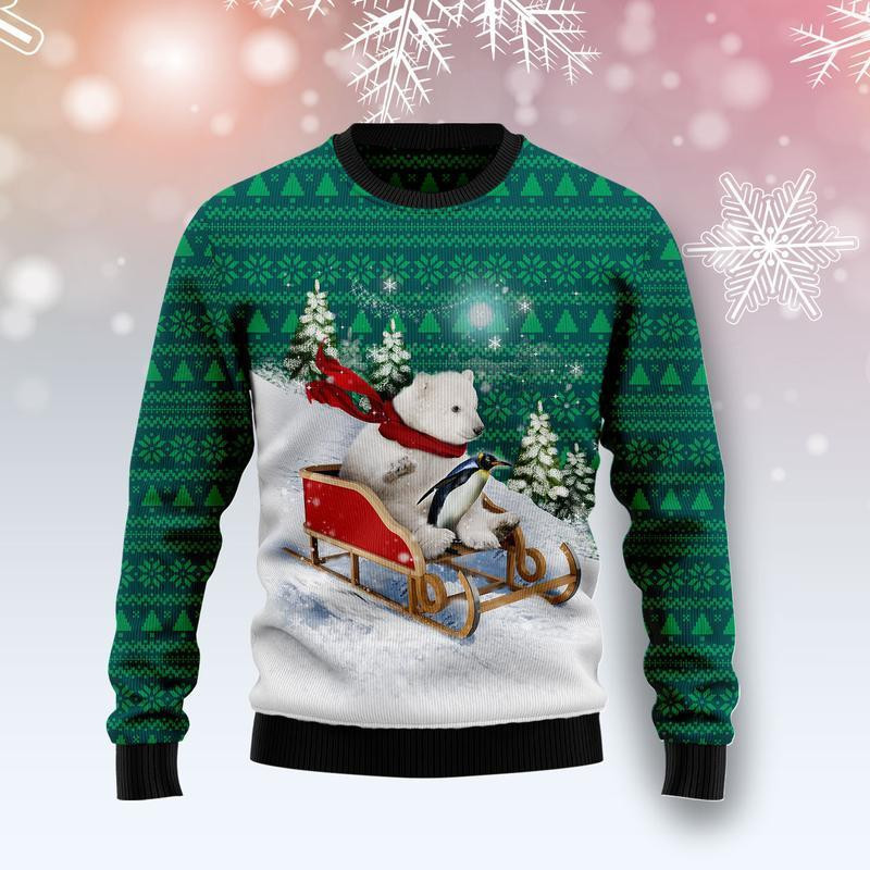 Polar Bear Sleigh Ugly Christmas Sweater, Perfect Holiday Gift