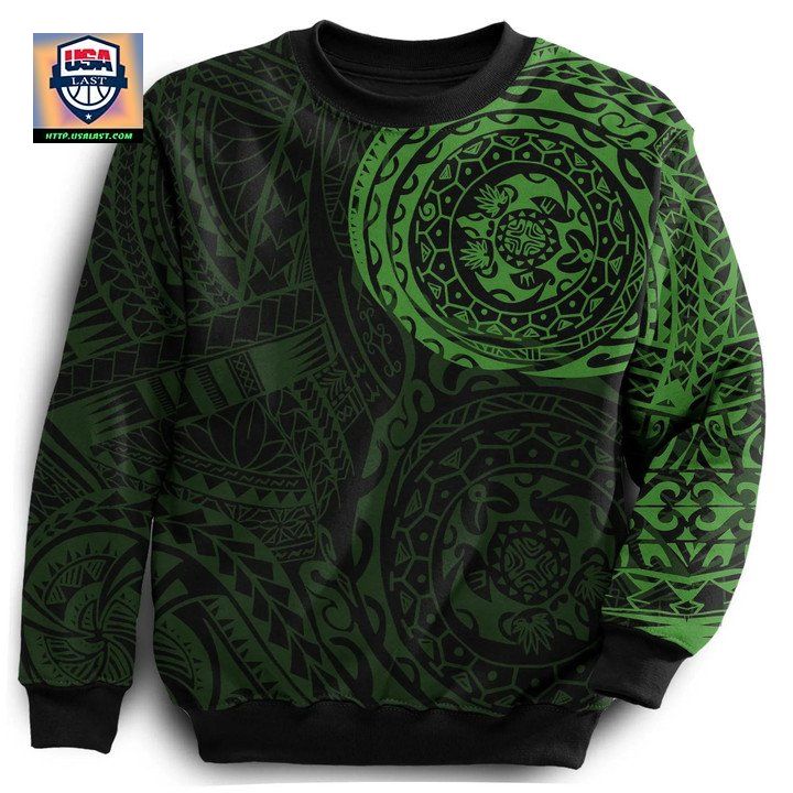 Polynesian Tattoo Style Sweater Green Knitted Long-Sleeved Sweater 