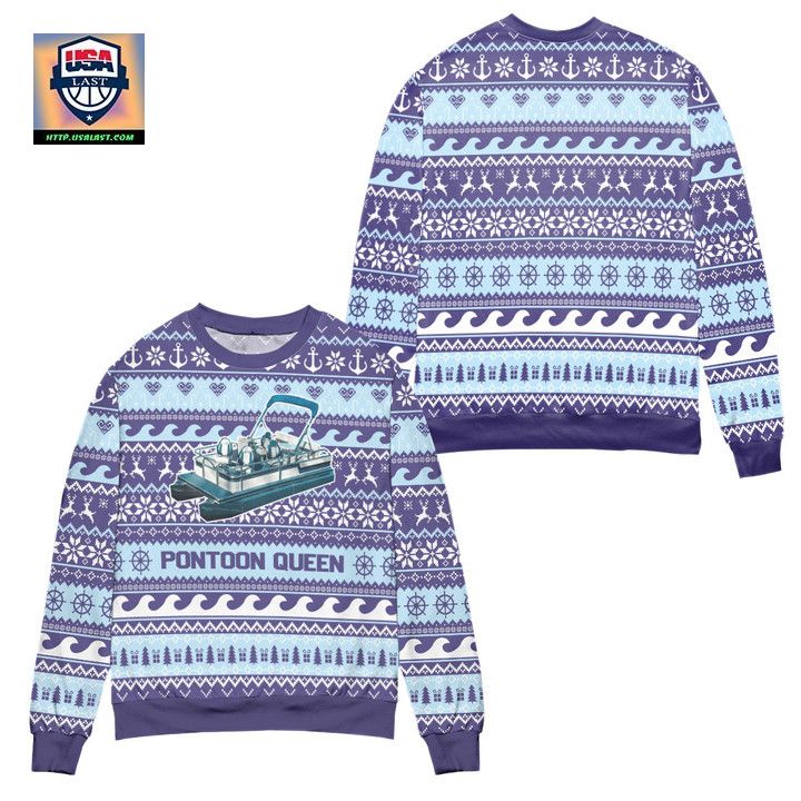 Pontoon Queen Penguin Snowflake Ugly Christmas Sweater Blue