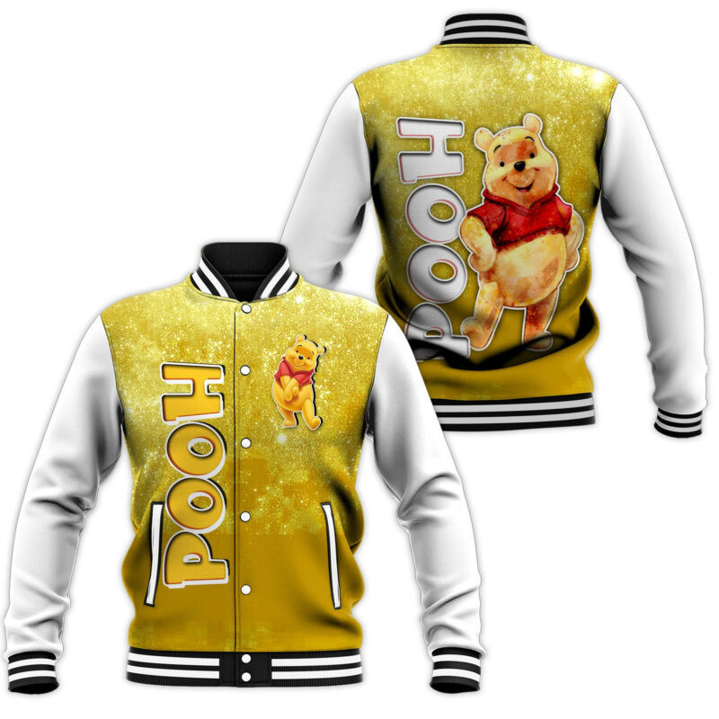 Pooh Yellow Glitter Fashion Baseball Jacket for Men & Women | Cartoon Fan Gift
