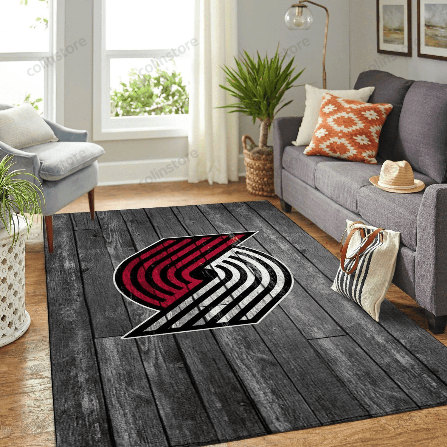 Portland Trailblazers Team Logo Grey Wooden Rectangle Area Rug – Full Print Carpet For Living Room & Bedroom Home Decor