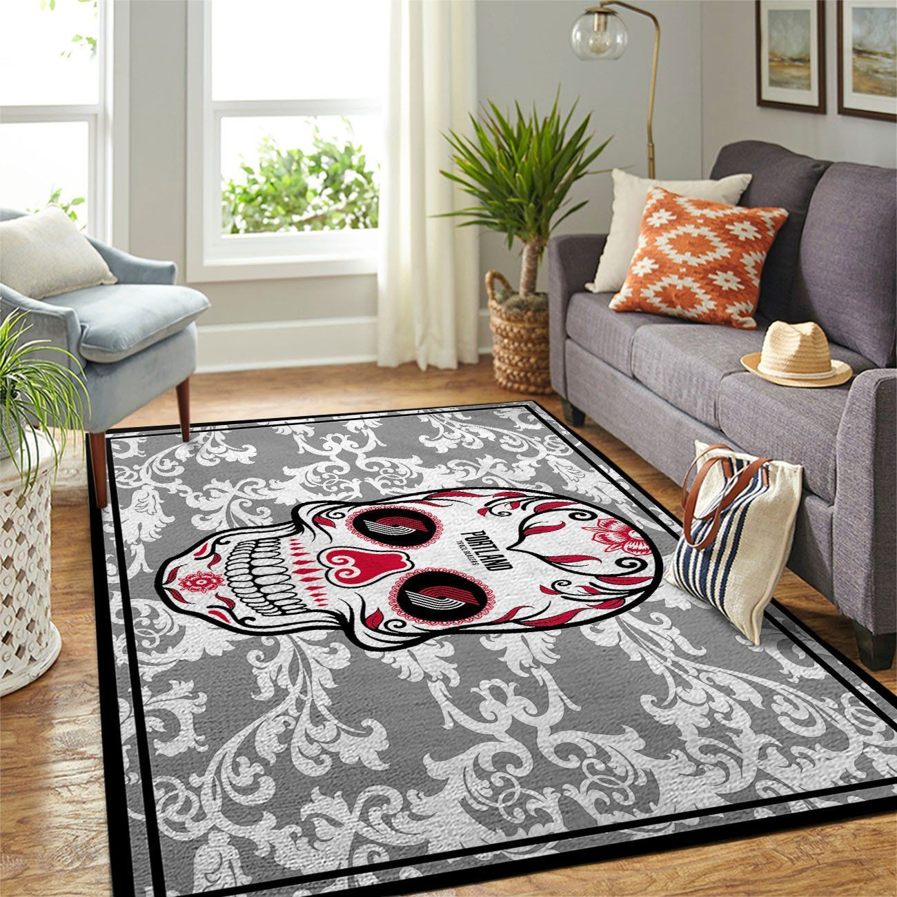 Portland Trailblazers Team Logo Skull Flower Rectangle Area Rug – Full Print Carpet For Living Room & Bedroom Home Decor