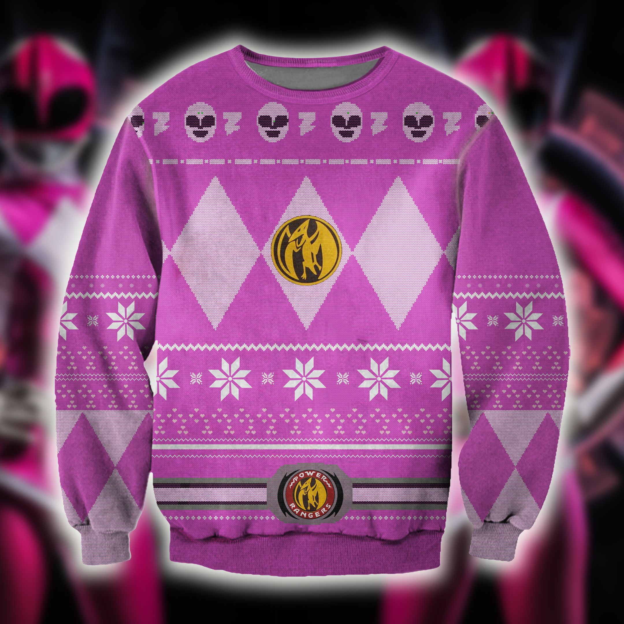 Power Rangers Knitting Pattern 3D Pink Print Ugly Christmas Sweater