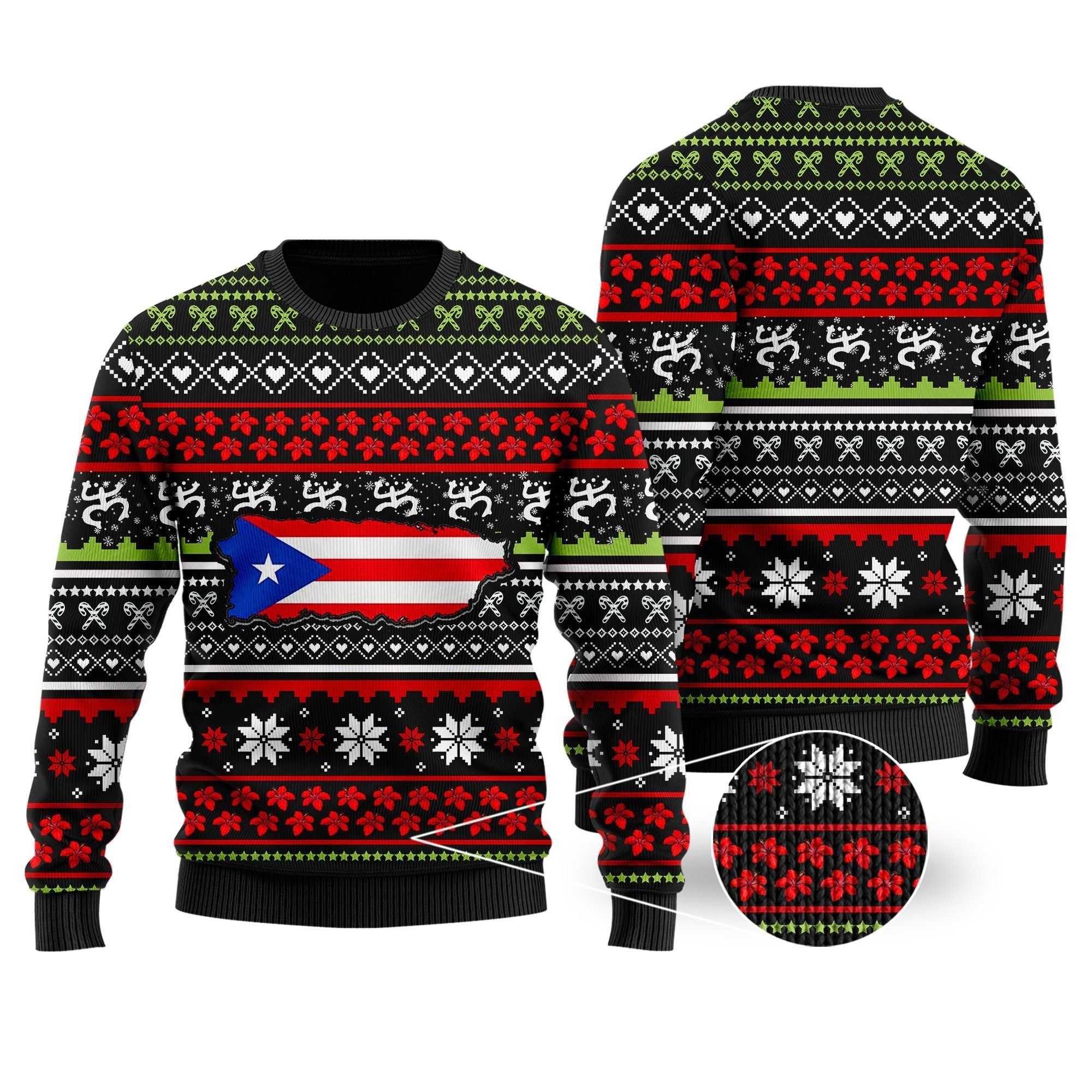 Puerto Rico Map Flag Coqui Taino Frog Noel Pattern Ugly Christmas Sweater For Boricua Puerto Ricans On Christmas Days