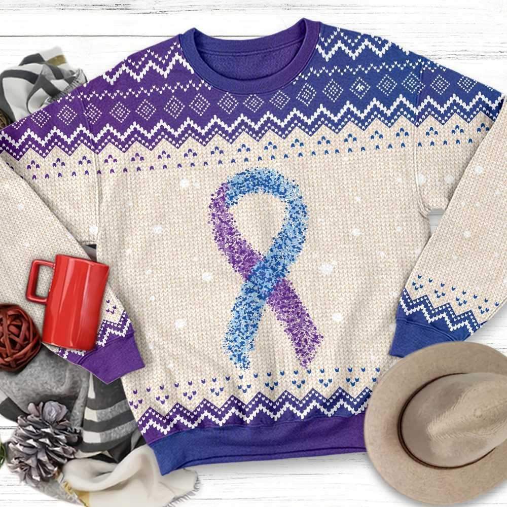 Purple And Blue Ribbon Awareness Ugly Christmas Sweater, Perfect Holiday Gift