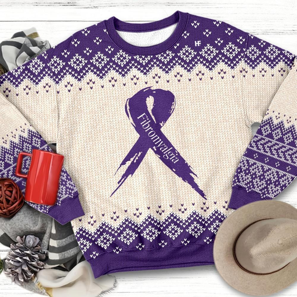 Purple Ribbon Fibromyalgia Awareness Ugly Christmas Sweater, Perfect Holiday Gift