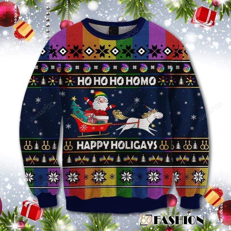 Rainbow Unicorn Hohoho Homo Happy Holigays Ugly Christmas Sweater, Perfect Holiday Gift