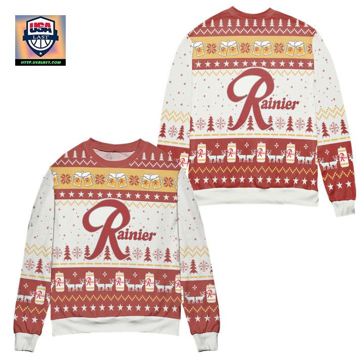Rainier Beer Reindeer Pine Tree Pattern Ugly Christmas Sweater