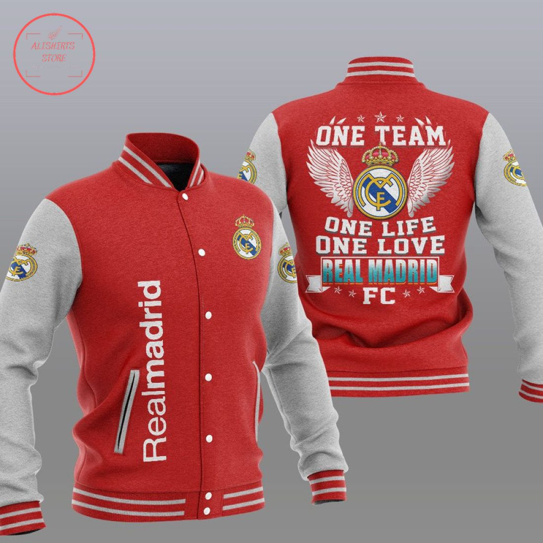 Real Madrid Red Grey One Team Varsity Baseball Jacket for Men & Women | Soccer Team Fan Gift