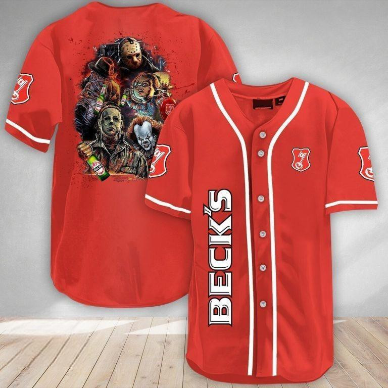 Red Becks Baseball Jersey Michael Myers IT Jason Voorhees Freddy Krueger Chucky Beck's Beer Fan Gift Idea, Beer Baseball Jersey For Men Women