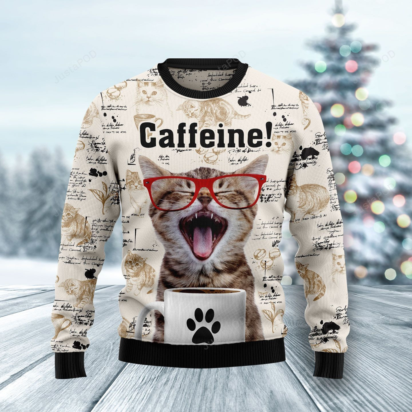 Red Glasses Cat Caffeine Ugly Christmas Sweater, Perfect Holiday Gift