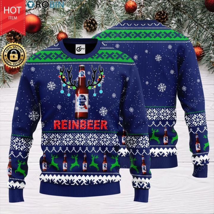 Reinbeer Pabst Blue Ribbon Beer Ugly Christmas Sweater,
