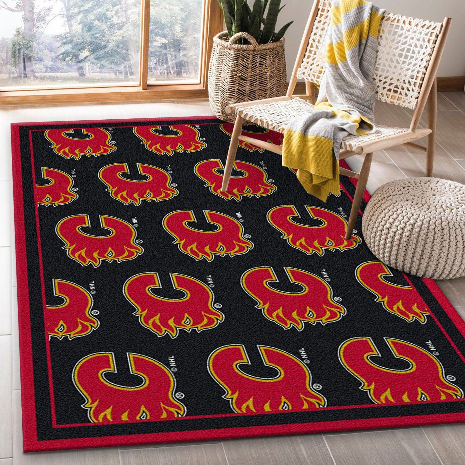 Repeat Calgary Flames Rectangle Area Rug – Full Print Carpet For Living Room & Bedroom Home Decor