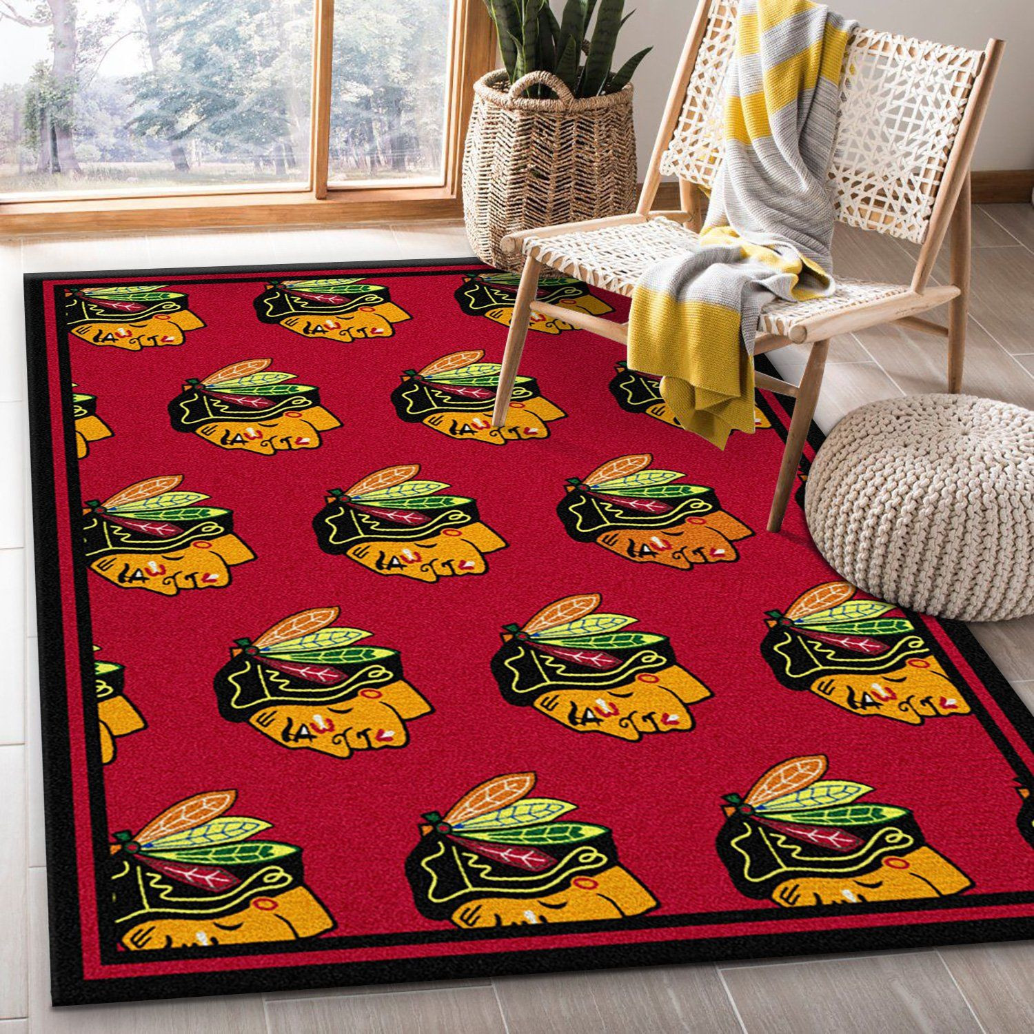 Repeat Chicago Blackhawks Team Logo Rectangle Area Rug – Full Print Carpet For Living Room & Bedroom Home Decor