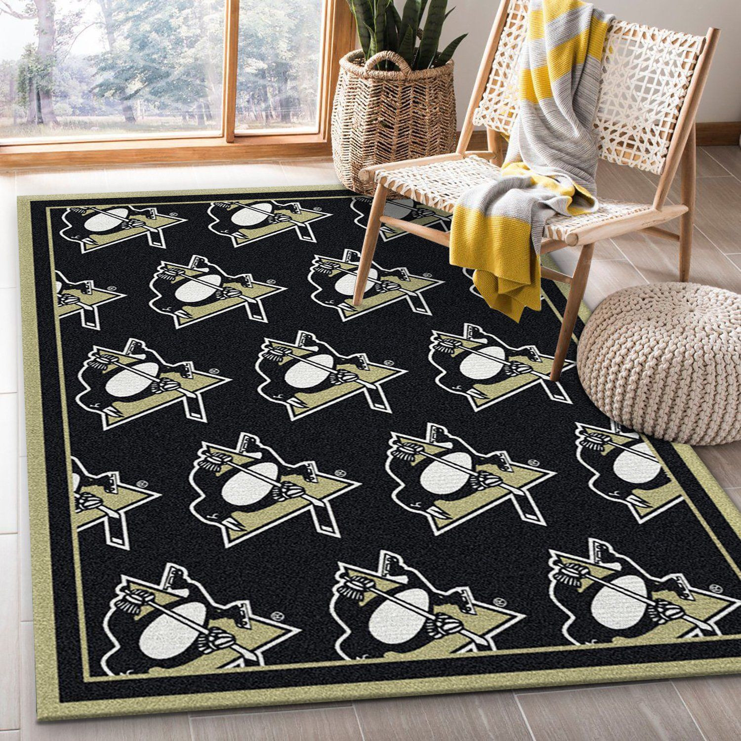 Repeat Pittsburgh Penguins Team Logo Rectangle Area Rug – Full Print Carpet For Living Room & Bedroom Home Decor