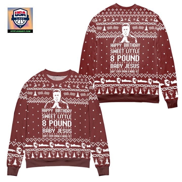 Ricky Bobby Happy Birthday Sweet Little 8 Pound Baby Jesus Ugly Christmas Sweater Red