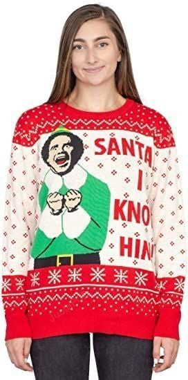 Ripple Junction Elf Buddy Santa I Know Him Pattern Adult Ugly Christmas Sweater, Perfect Holiday Gift