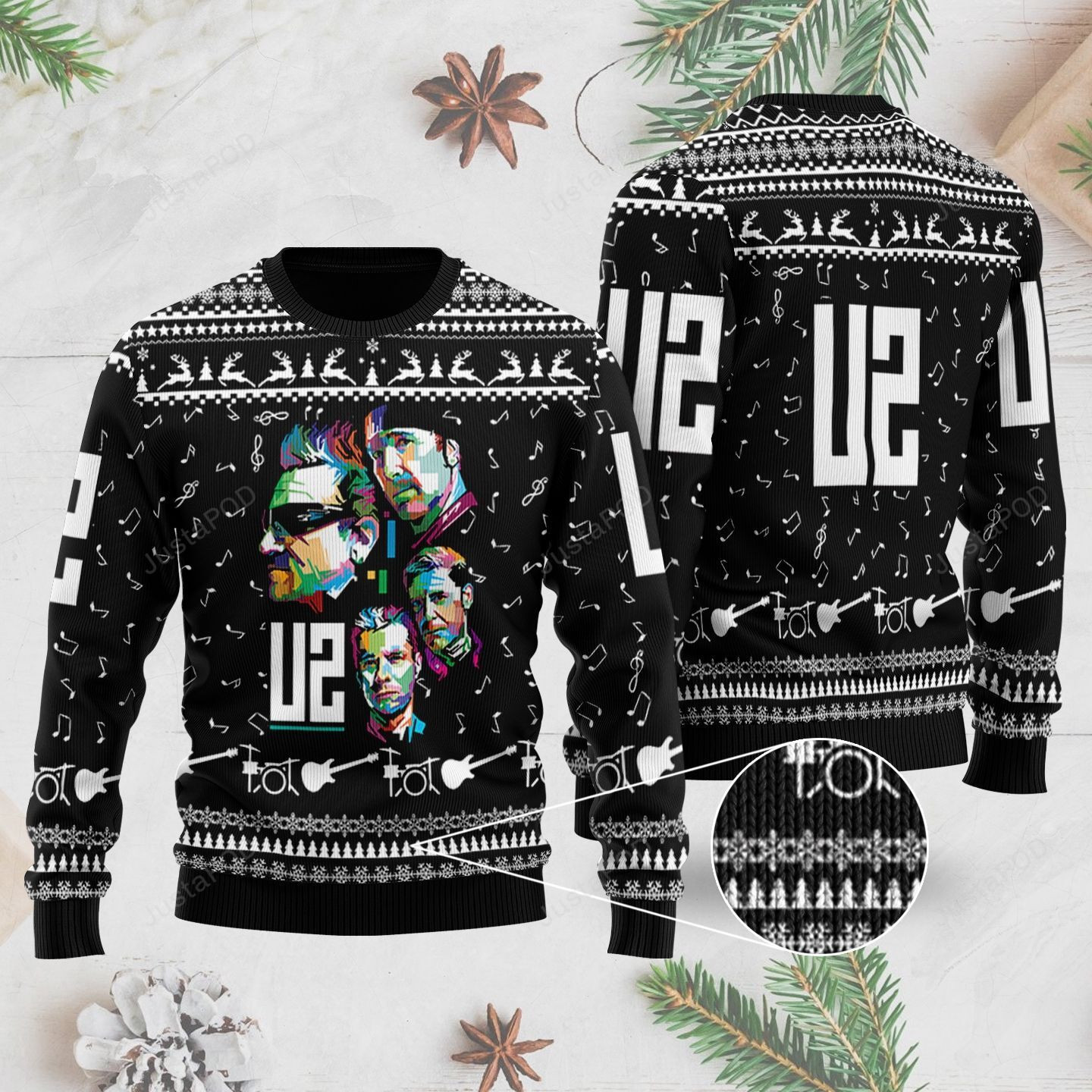 Rock Music U2 Band With Music Notes And Instruments Ugly Christmas Sweater, Perfect Holiday Gift