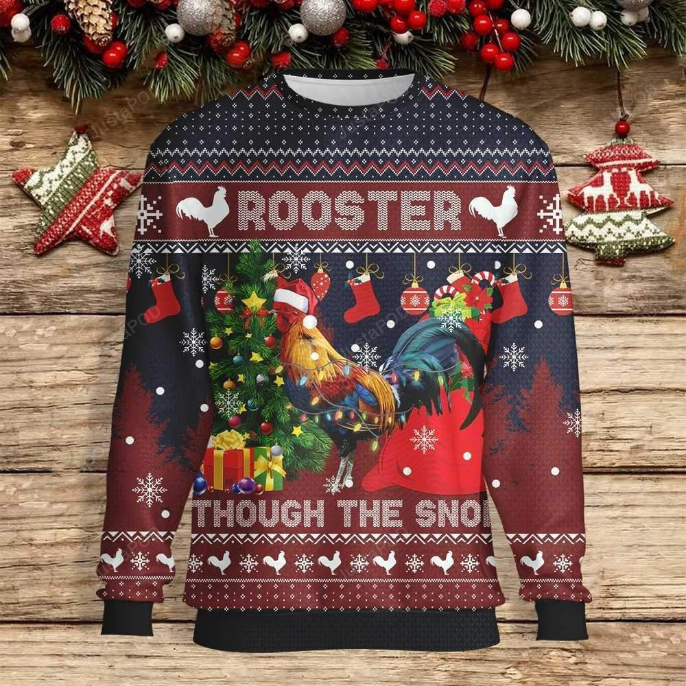 Rooster Through The Snow Red Navy Ugly Christmas Sweater, Perfect Holiday Gift