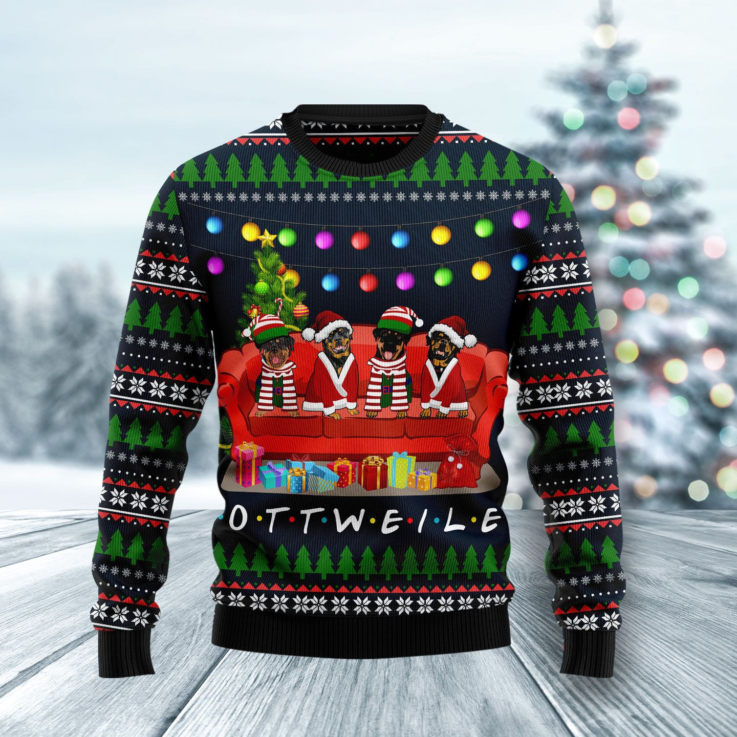 Rottweiler Friends On Red Sofa Ugly Christmas Sweater, Perfect Holiday Gift