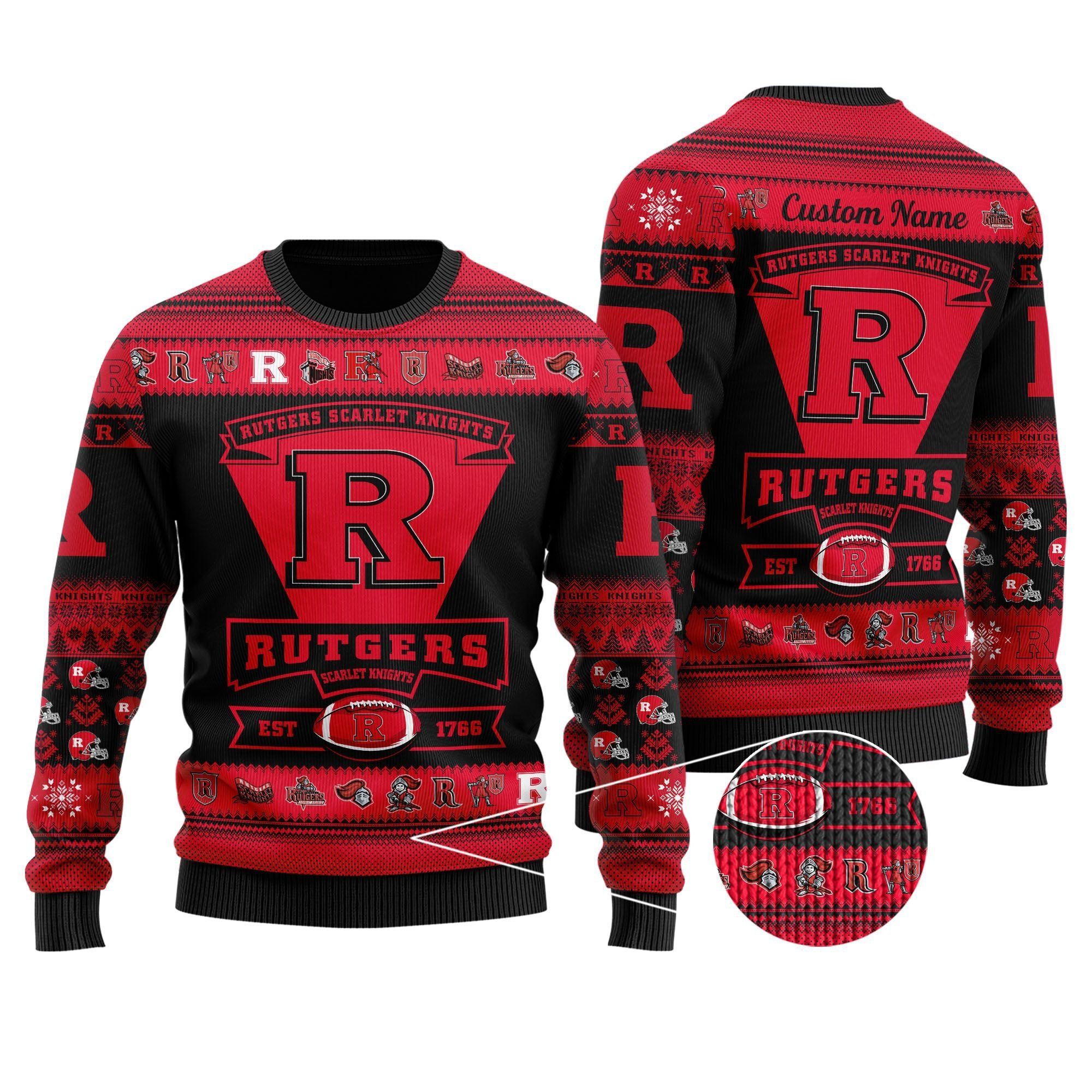 Rutgers Scarlet Knights Football Team Logo Custom Name Personalized Ugly Christmas Sweater Holiday Party Men Women Plus Size