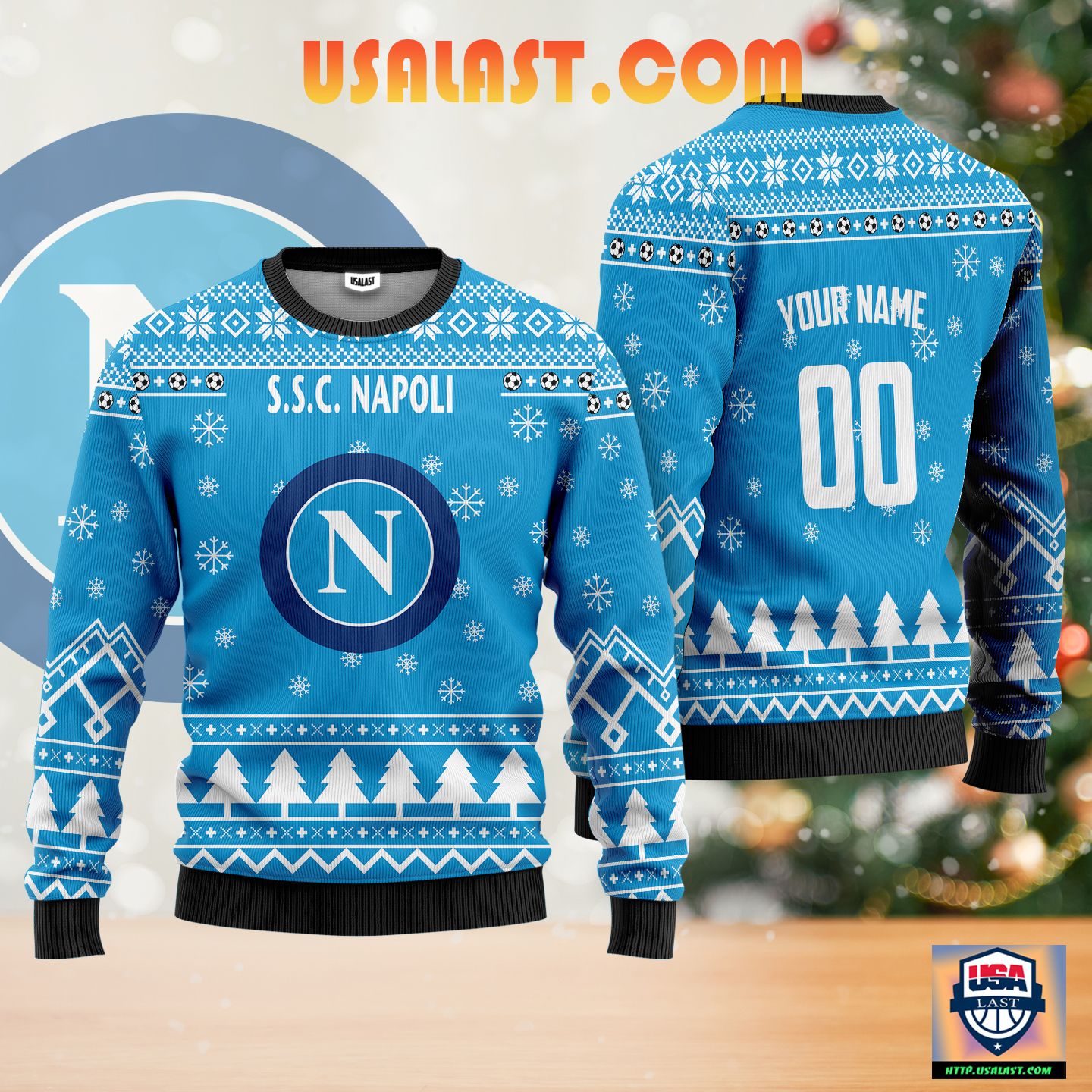 S.S.C Napoli Personalized Ugly Christmas Sweater Blue Version