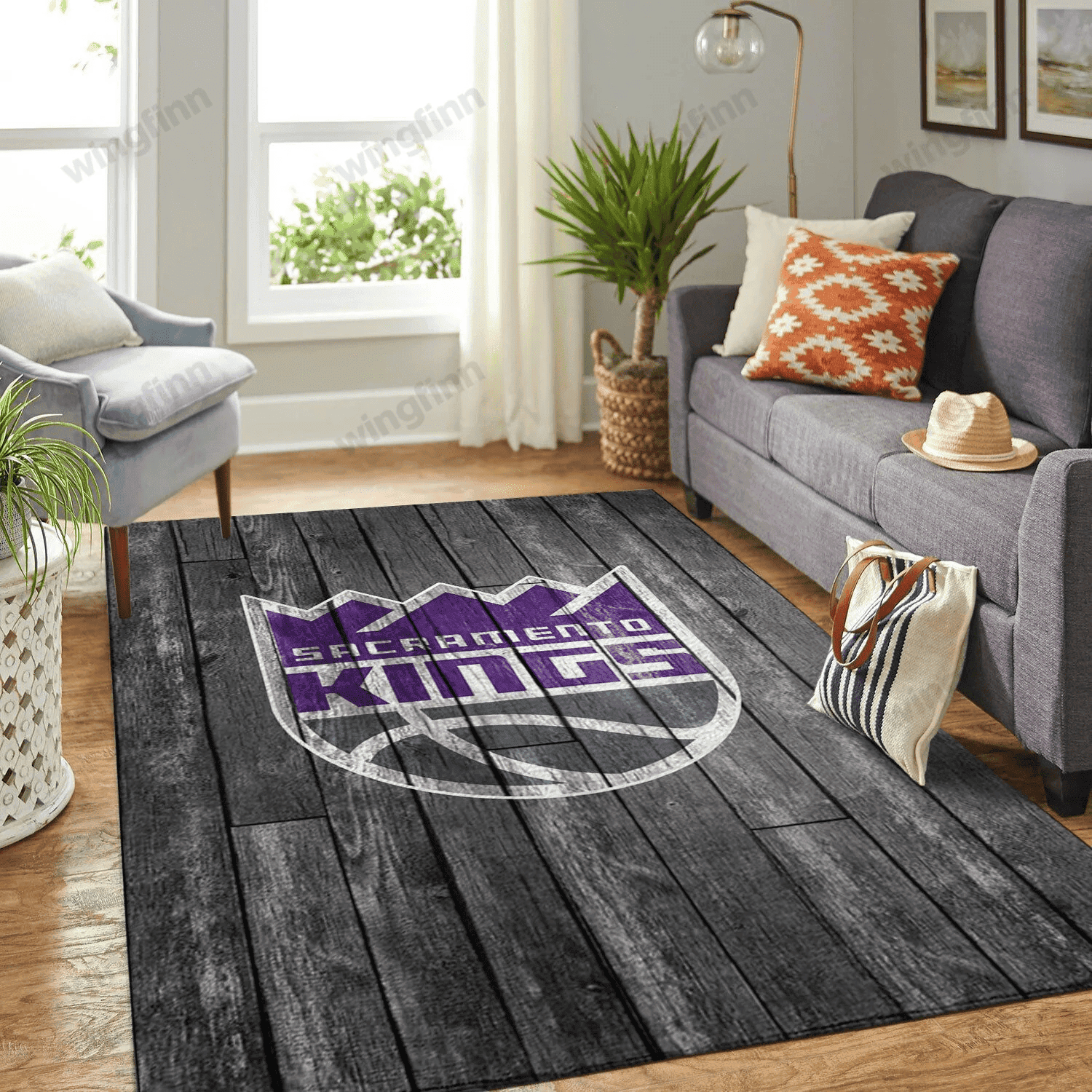 Sacramento Kings Team Logo Grey Rectangle Area Rug – Full Print Carpet For Living Room & Bedroom Home Decor