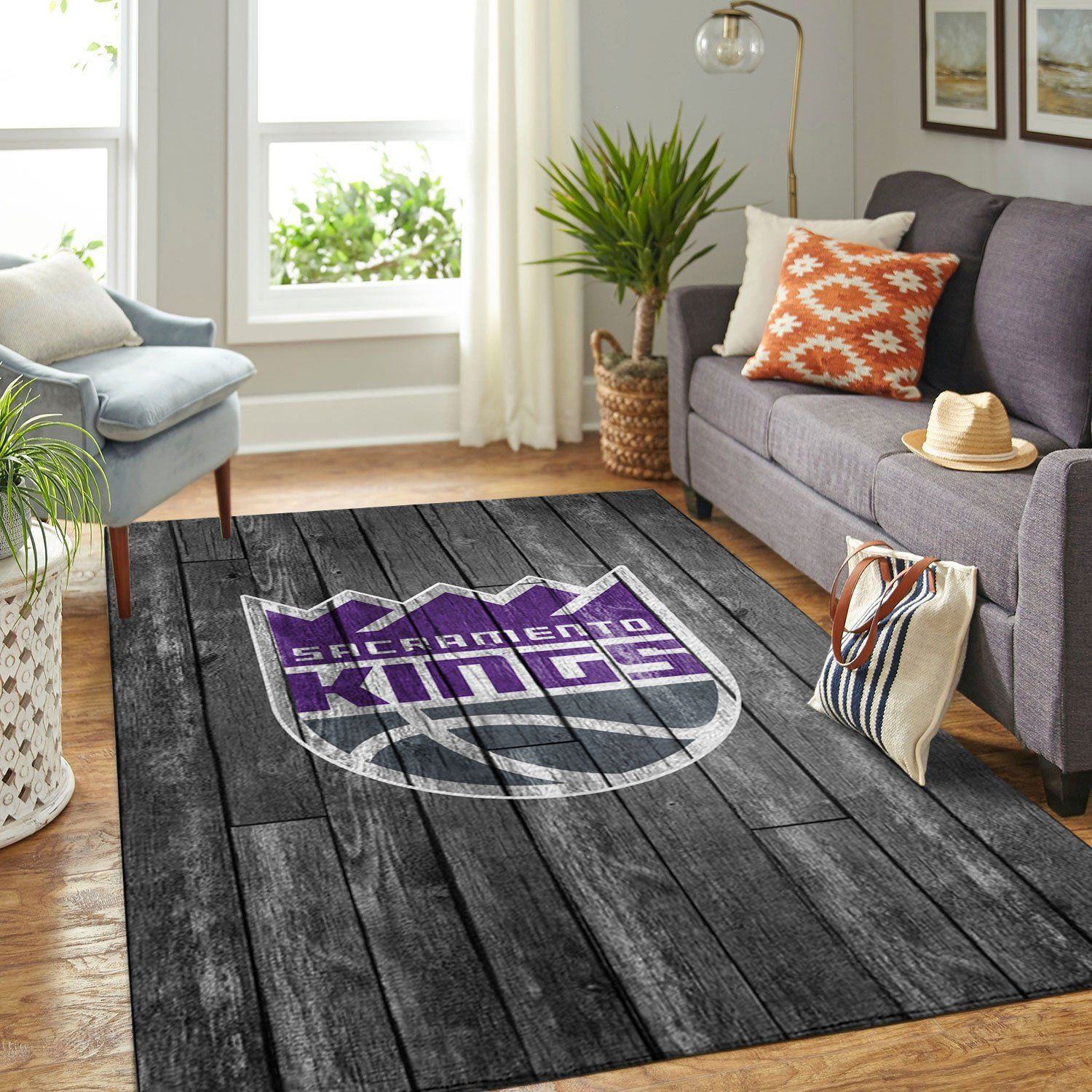 Sacramento Kings Team Logo Grey Wooden Rectangle Area Rug – Full Print Carpet For Living Room & Bedroom Home Decor