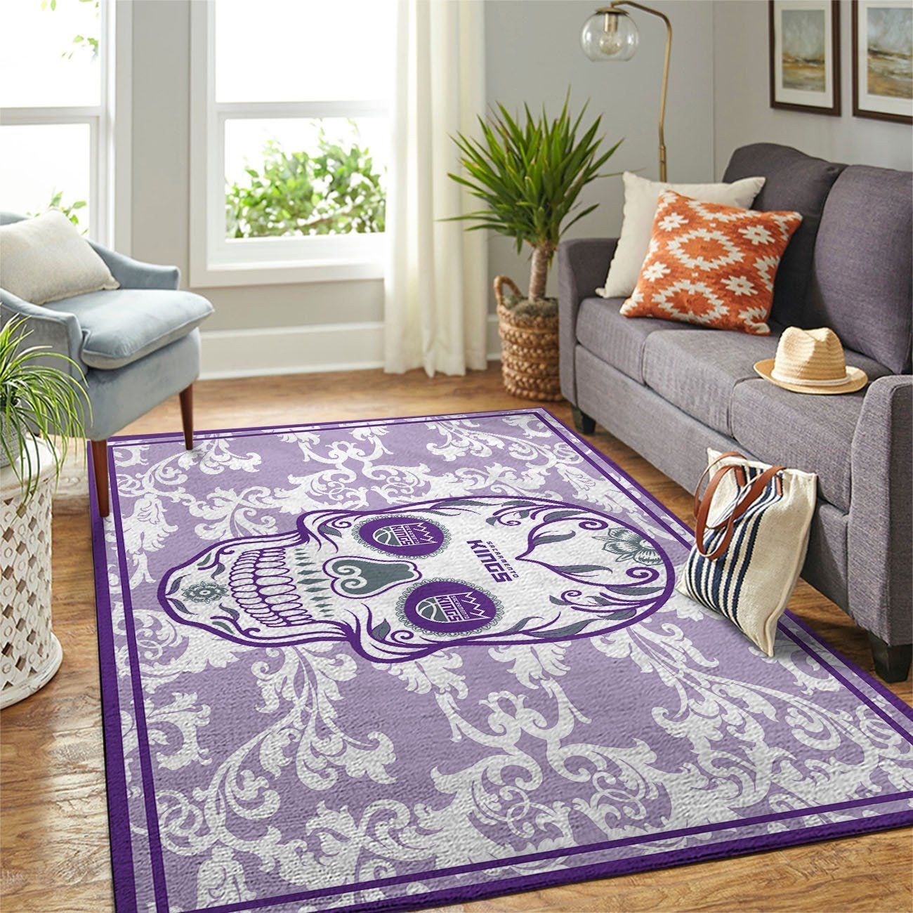 Sacramento Kings Team Logo Skull Flower Rectangle Area Rug – Full Print Carpet For Living Room & Bedroom Home Decor