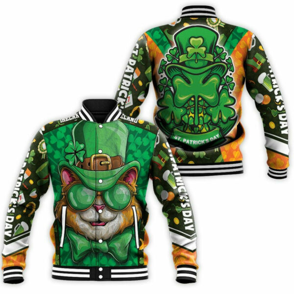 Saint Patrickâ€™s Day Cat With Green Hat Baseball Jacket for Men & Women | Holiday Fan Gift
