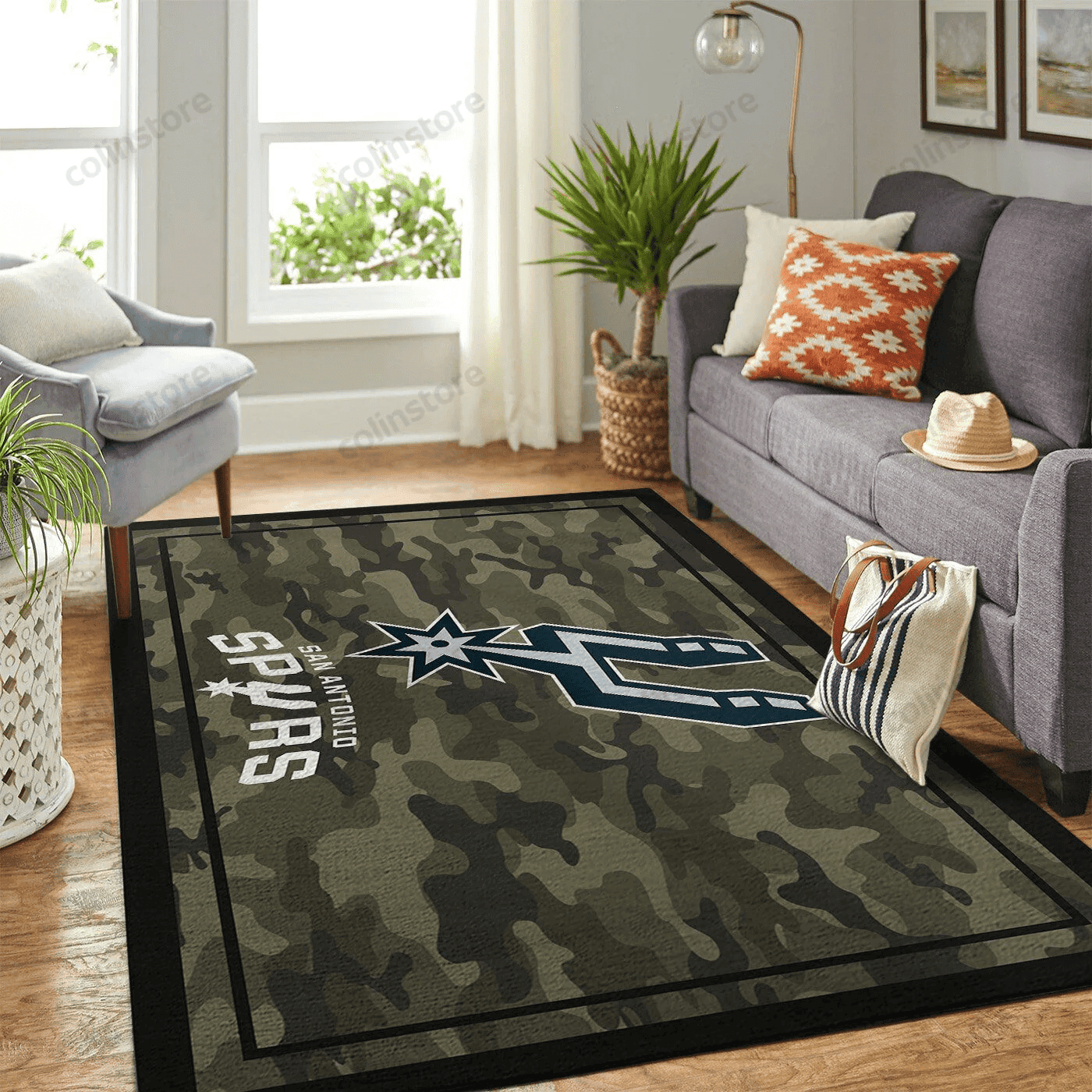 San Antonio Spurs Team Logo Camo Rectangle Area Rug – Full Print Carpet For Living Room & Bedroom Home Decor