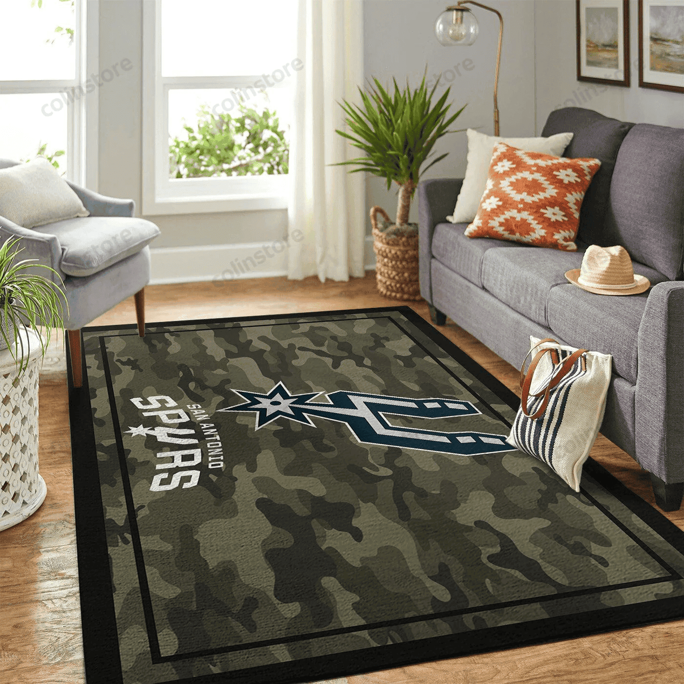 San Antonio Spurs Team Logo Camo Rectangle Area Rug – Full Print Carpet For Living Room & Bedroom Home Decor