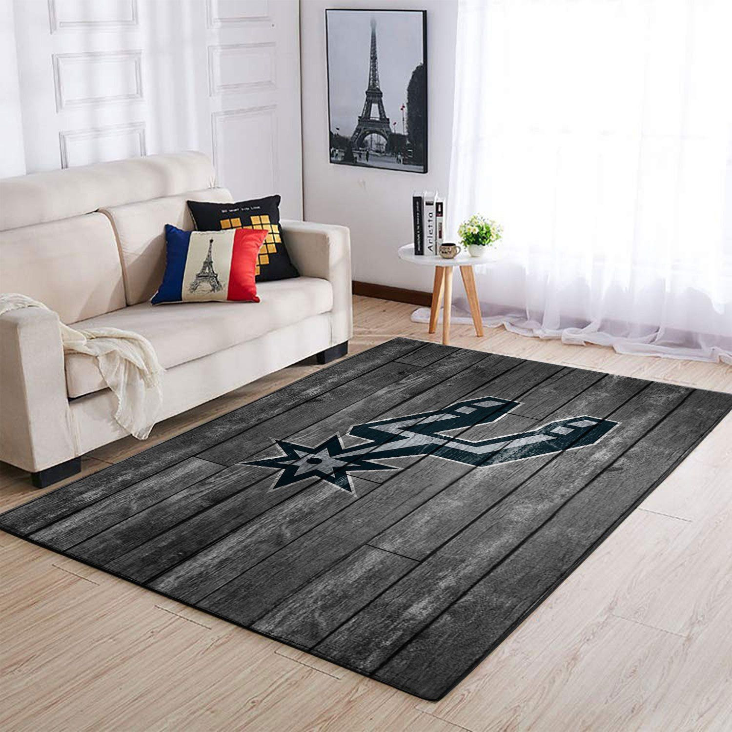San Antonio Spurs Team Logo Grey Wooden Rectangle Area Rug – Full Print Carpet For Living Room & Bedroom Home Decor