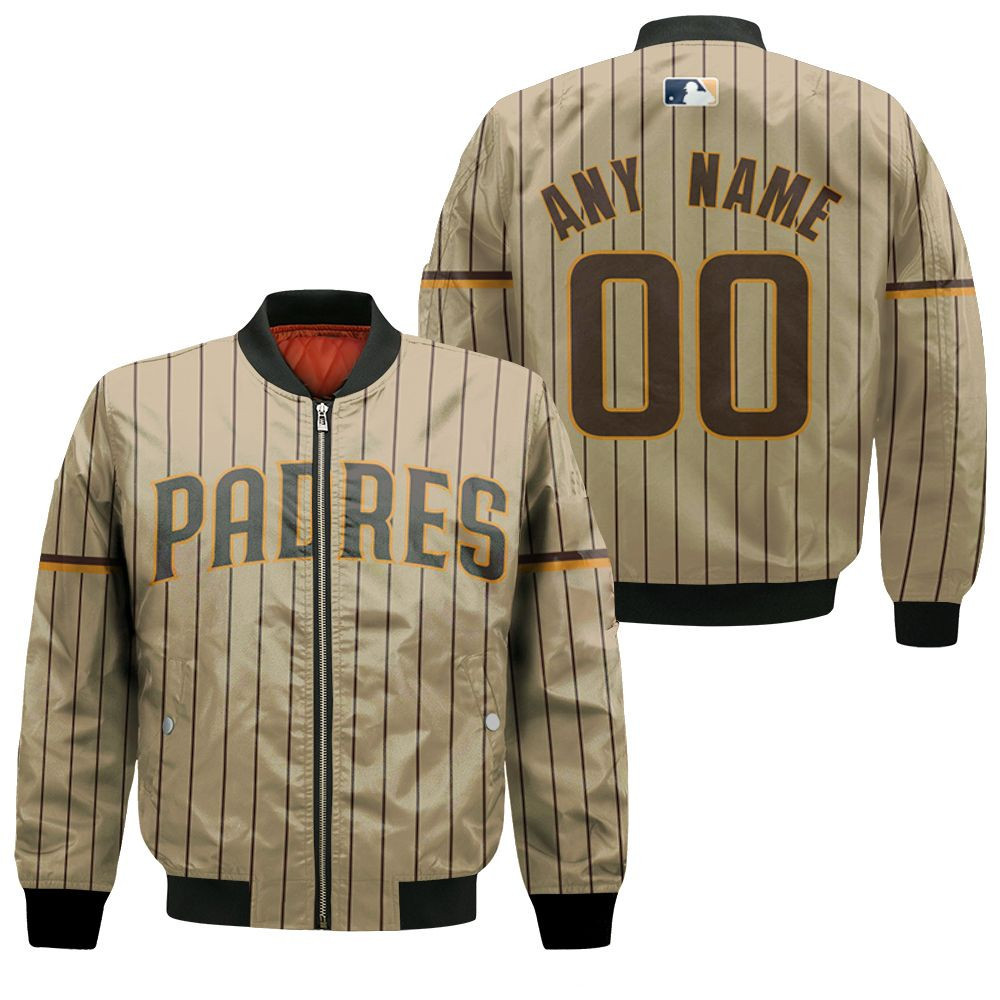 San Diego Padres Personalized Name Number Light Brown Stripe Bomber Jacket | MLB Team Jacket for Men & Women | Baseball Fan Gift
