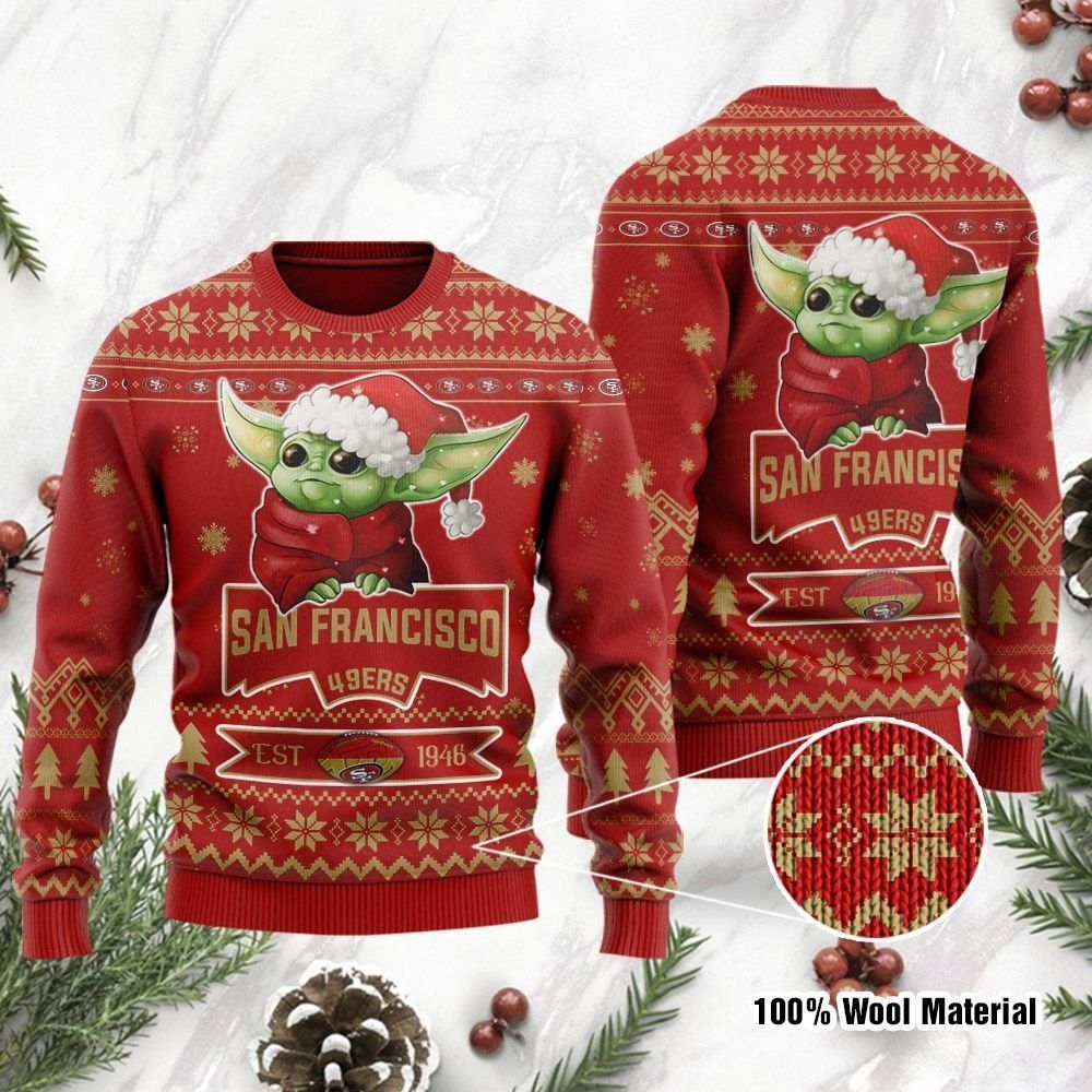 San Francisco 49ers Cute Baby Yoda Grogu Ugly Christmas Sweater Holiday Party Men Women Full Plus Size