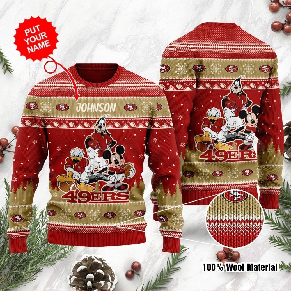 San Francisco 49ers Disney Donald Duck Mickey Mouse Goofy Custom Name Personalized Ugly Christmas Sweater Holiday Party For Men Women