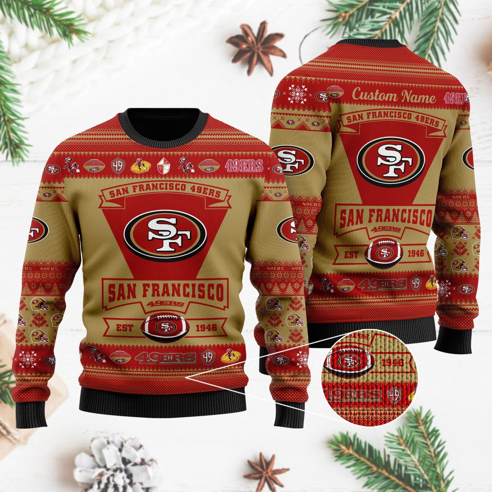 San Francisco 49ers Football Team Logo Custom Name Personalized Ugly Christmas Sweater Holiday Party Men Women Plus Size