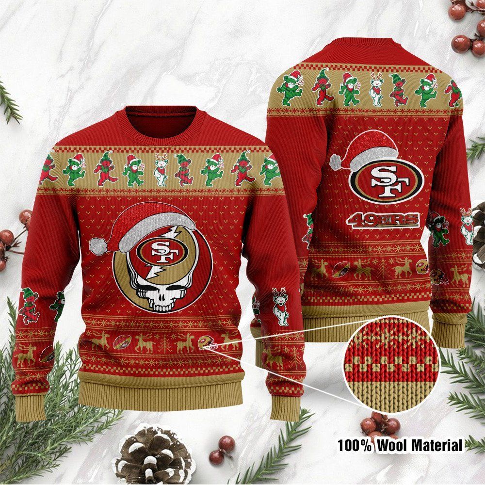 San Francisco 49ers Grateful Dead SKull And Bears Custom Name Ugly Christmas Sweater NFL Football Christmas