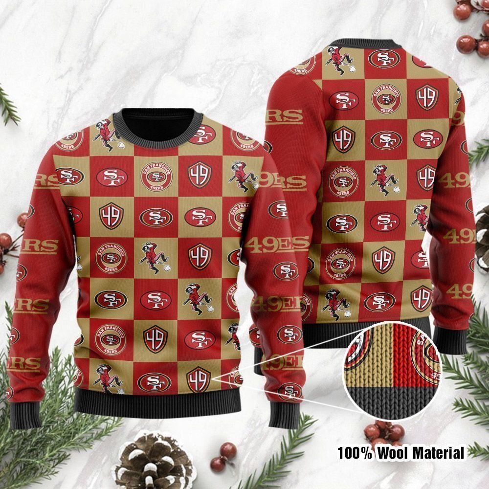 San Francisco 49ers Logo Checkered Flannel Design Ugly Christmas Sweater