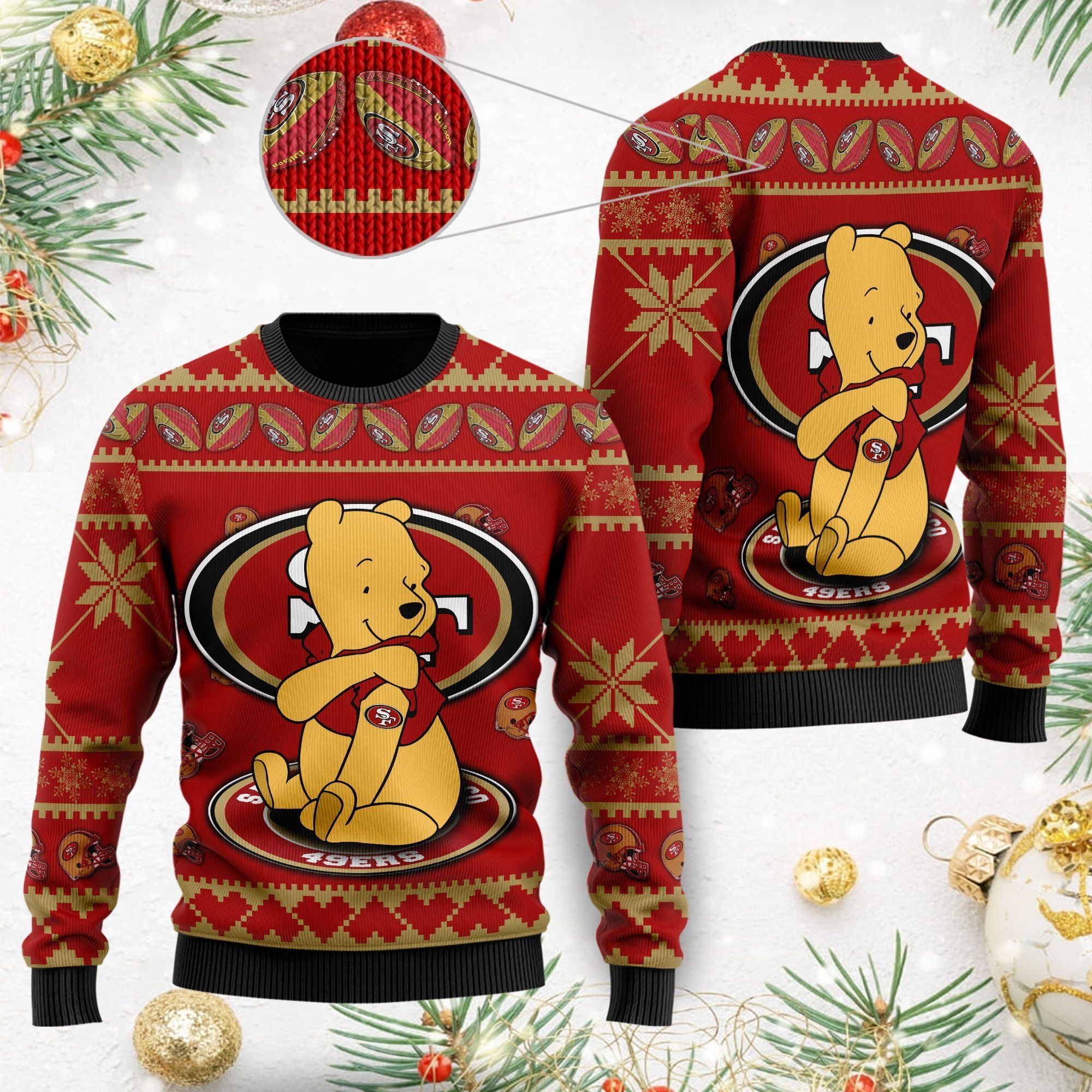 San Francisco 49ers NFL American Football Team Logo Cute Winnie The Pooh Bear 3D Ugly Christmas Sweater