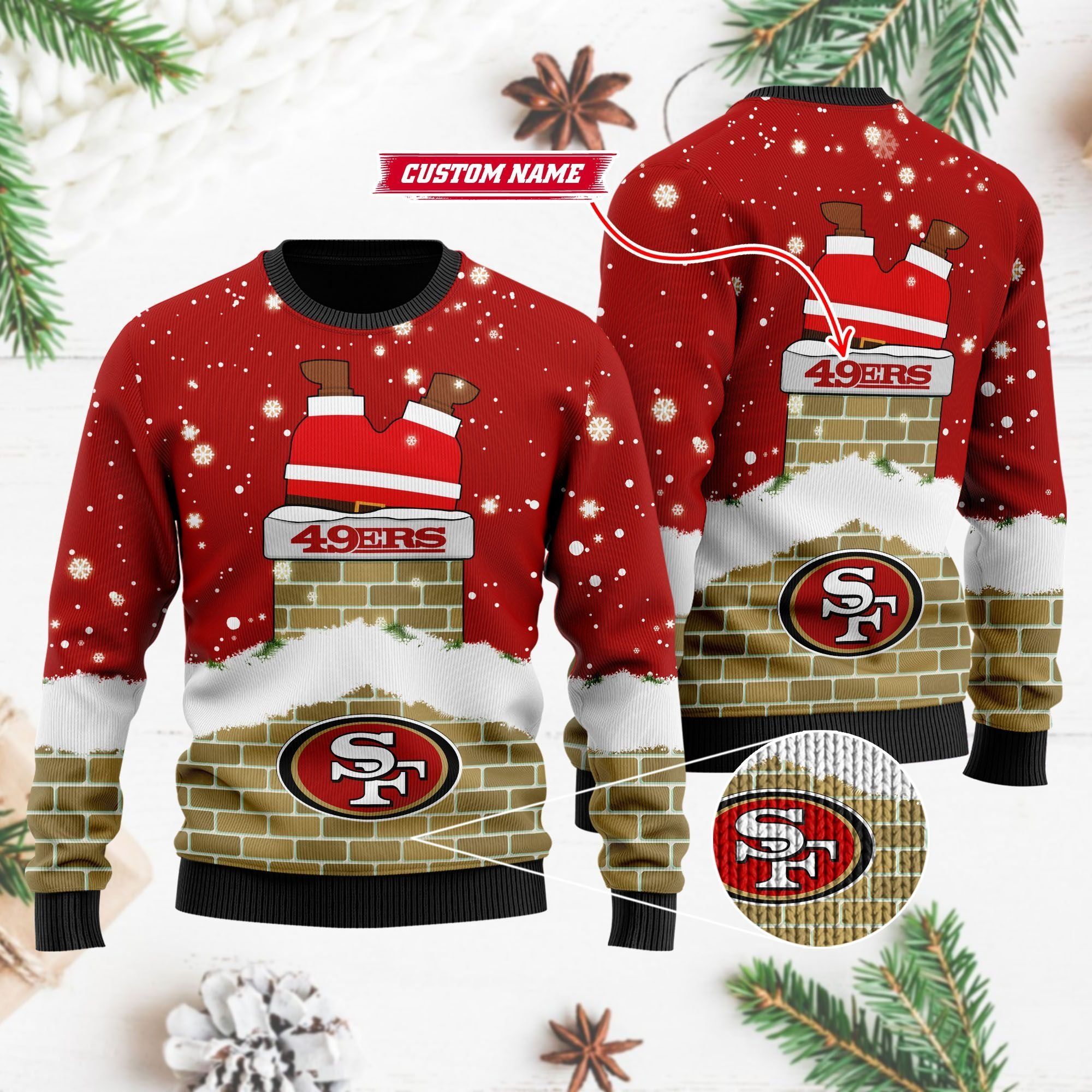 San Francisco 49ers NFL Football Team Logo Symbol Santa Claus Custom Name Personalized 3D Ugly Christmas Sweater